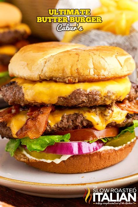 Wisconsin Butter Burger Recipe, Butter Burger, Slow Roasted Italian Recipes, Picnic Side Dishes, Butter Burgers, Slow Roasted Italian, Chick Fil A Sauce, The Slow Roasted Italian, Bacon Tomato