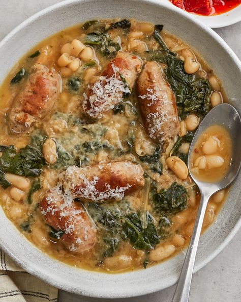 Sausage, Greens and Beans - Gluten-Free | PrimalGourmet Primal Gourmet, Greens And Beans, Autumn Cooking, Magical Fruit, Italian Beans, Gluten Free Sausage, Fall Eats, Homemade Beans, Beans And Sausage