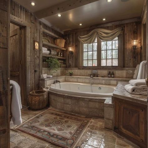 Luxury Rustic Bathroom, Rustic Master Bath Ideas, Mountain Bathroom, Rustic Cabin Interior, Dream Bathroom Master Baths, Lodge Bathroom, Farm Style House, Log Home Living, Log Cabin Interior