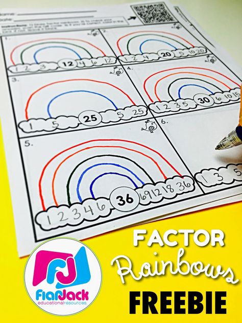 Hey, guys! We’ve been having some major fun with factor rainbows this past week! I love using factor rainbows because they really help students not miss any of the factors for a number which often happens if they only try to list factor pairs for a number. Here’s a worksheet freebie in English and Spanish … Factor Rainbow, Rainbow Worksheet, Grade 6 Math, Rainbow Activities, Math Multiplication, Fourth Grade Math, Math Instruction, Task Card, Third Grade Math