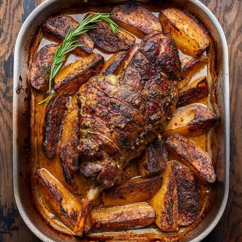 This Greek-style slow-roasted leg of lamb with potatoes and ladolemono sauce has outrageous flavor and since it's slow-roasted it's very low maintenance! It's perfect for Easter and other holiday gatherings, but so good you'll want to make it all year long. Boneless Leg Of Lamb Recipes Slow Cooker, Boneless Lamb Leg Roast Recipes, Roast Leg Of Lamb Bone In, Leg Of Lamb Roast Boneless, Ladolemono Sauce, Boneless Leg Of Lamb Recipes, Lamb Leg Slow Cooker, Slow Roast Lamb Leg, Slow Cooked Lamb Leg