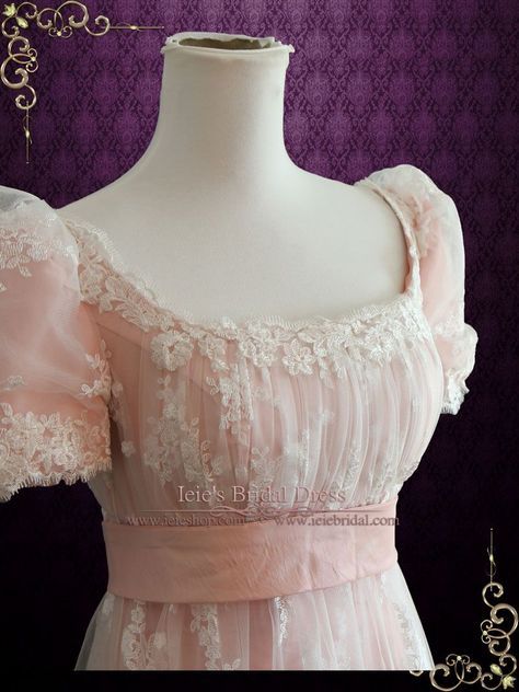 Pink Lace Regency Style Ball Gown Wedding Dress | Helena | Ieie's Bridal Wedding Dress Boutique Regency Era Wedding Dress, Regency Era Fashion Gowns, Regency Inspired Fashion, 1890s Ball Gown, Regency Era Dresses, Empire Waist Ball Gown, Regency Wedding Dress, Regency Ball Gown, Lace Overlay Wedding Dress