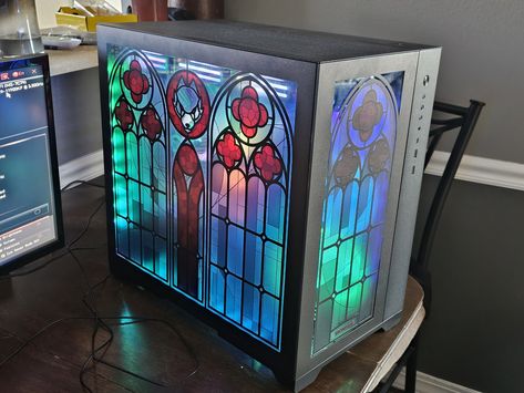 Custom Computer Case, Stain Glass Window Art, Gamer Room Decor, Custom Computer, Glass Window Art, Custom Pc, Computer Room, Gaming Room Setup, Pc Case