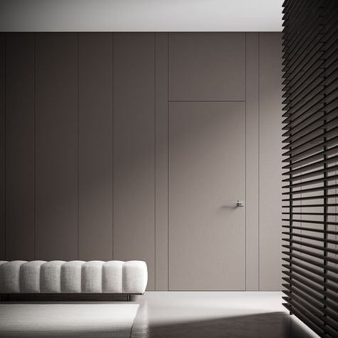 Moralia Flush Interior Doors and Wall Panel Systems | Innovative Luxury Custom Door Flush With Wall, Flushed Door With Wall Panelling, Hidden Door Feature Wall, Flushed Door, Veneer Wall Panelling Design, Wall Groove Design, Flush Interior Doors, Door Panel Ideas, Wall Paneling Design