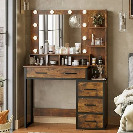 Brown Vanity with 10 Light Bulbs, Modern Vanity Desk with Mirror and 3 Lighting Modes, Vanity Table with 2 USB Ports and Outlets, Makeup Desk with Nightstand, Storage Shelves and Drawers Western Vanity, Vintage Makeup Vanities, Makeup Vanity Lighting, Western Bedroom Decor, Western Rooms, Mirrored Vanity Desk, Farmhouse Vanity, Western Bedroom, Vanity Benches