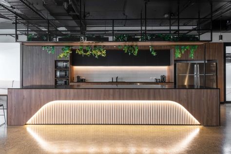 Sony Offices - Sydney | Office Snapshots Futuristic Office Design, Pantry Counter, Office Kitchenette, Reception Counter Design, Office Coffee Bar, Office Fitout, Office Pantry, Reception Counter, Ceiling Design Bedroom