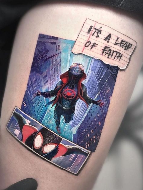 Comic Tattoos For Men, Spider Man Across The Spider Verse Tattoo, Miles Morales Spiderman Tattoo, Spider Gwen Tattoo Ideas, Into The Spider Verse Tattoo, X Men Tattoo Ideas, Marvel Comics Tattoo, Tattoo Comic Style, Spiderverse Tattoo Ideas