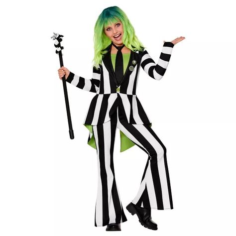 Kids Beetlejuice Striped Jumpsuit Costume - Spirithalloween.com Girls Beetlejuice Costume, Beetle Juice Girl Costume, Beetle Juice Costume Female, Beetlejuice Suit, Beetlejuice Outfits, Beetlejuice Party, Beetlejuice Halloween Costume, Disney Baby Costumes, Halloween Beetlejuice