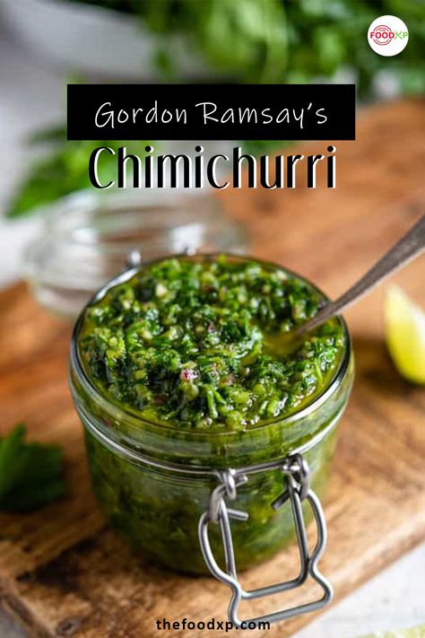 Gordon Ramsay's Chimichurri recipe is so quick and easy to make. Just in 3 steps, you can make this flavorful recipe. THEFOODXP blog has the wholesome recipe for you to try. #gordonramsaychimichurri #gordonramsaychimichurrirecipe #gordonramsayrecipes #chimichurri #chimichurrirecipe Chimichurri Salsa, Cilantro Chimichurri, Chimichurri Sauce Recipe, Cilantro Recipes, Gordon Ramsay Recipe, Chimichurri Recipe, Cilantro Sauce, Grilled Meats, Marinade Sauce