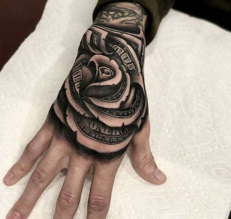 Money Rose Tattoo, Dollar Tattoo, Skull Hand Tattoo, Rose Hand Tattoo, Money Rose, Money Tattoo, Hand Tats, Hand Tattoos For Women, Rosen Tattoo