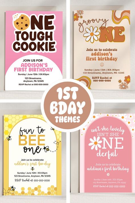 cute first birthday party invite themes for little girl's birthday | One Tough Cookie | Groovy One | Fun to Bee One | Isn't She Onederful Onederful Party Ideas, First Birthday Themes April, Baby First Birthday Party Ideas Girl, One Tough Cookie Birthday Party Girl, One Year Old Birthday Theme Ideas, 1sr Birthday Party Themes Girl, Baby’s First Birthday Theme Girl, One Is Fun Birthday Party Girl, One Year Birthday Party Themes