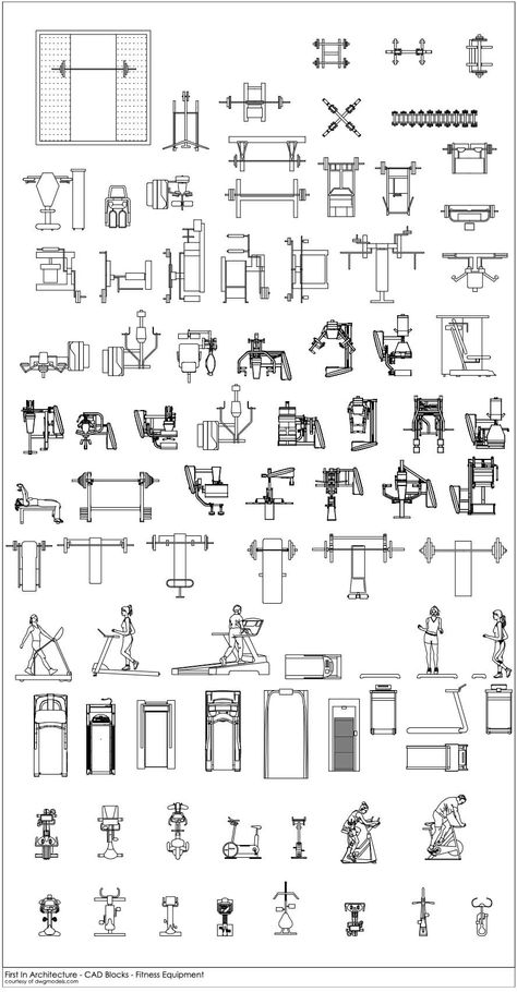 FIA Free Fitness Equipment CAD Blocks - First In Architecture Gym Plan Architecture, Cad Drawing Architecture, Autocad Drawing Architecture, Gym Drawing, Blueprint Symbols, Fitness Equipment Design, Floor Plan Symbols, Stair Design Architecture, Architecture Symbols