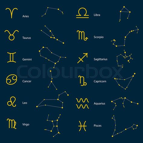 Zodiac constellations vector symbols. Astrology stars signs on blue background. | Stock Vector | Colourbox on Colourbox Zodiac Constellation Art, Vector Symbols, Constellation Art, Astrology Stars, Initial Tattoo, Zodiac Designs, Constellation Tattoos, Kids Signs, Zodiac Constellations