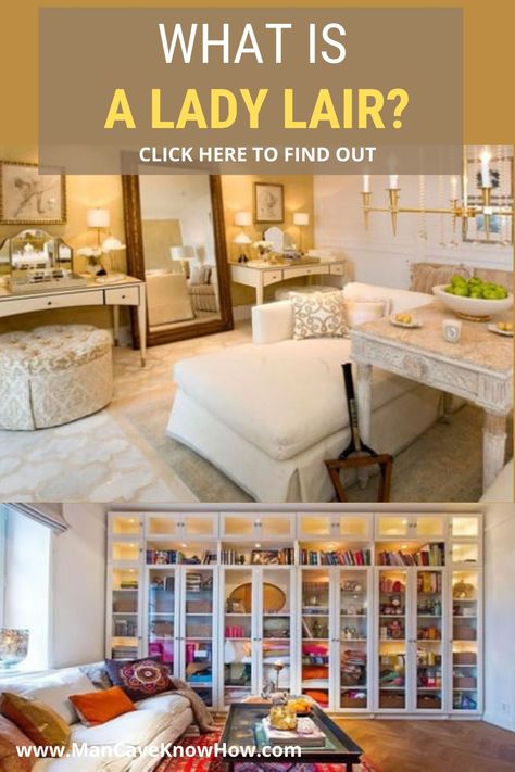 Learn how can you, and your marriage, can benefit from you having a lady lair! #affiliate #ladylair #whatisaladylair Mom Cave Ideas Decor, Womens Room Lady Cave, Lady Lounge Woman Cave, She Cave Ideas For Women, Hangout Room Ideas Woman Cave, She Room Woman Cave, Ladies Lounge Woman Cave, Mom Cave Ideas, Women Cave Ideas