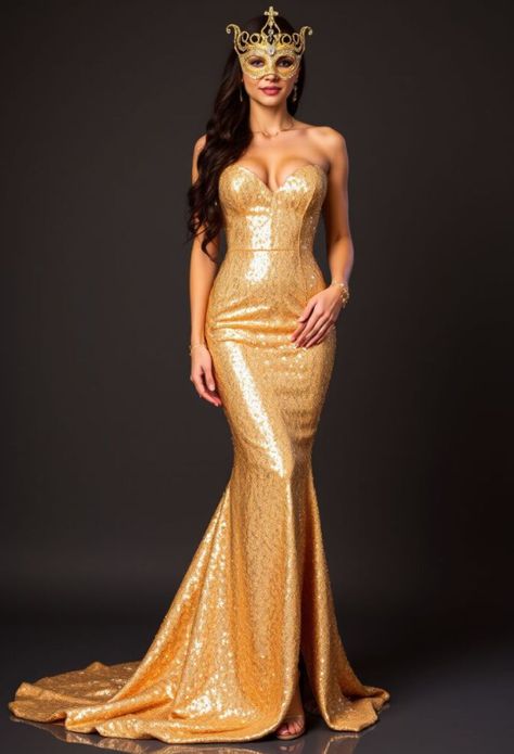 Shine bright like a star in a gold sequined gown. Choose a figure-hugging silhouette with a sweetheart neckline and a dramatic train. Complement the look with a gold mask embellished with Swarovski crystals and matching gold accessories. Mascarade Ball Outfit, Mascarade Ball, Masquerade Dress, Masquerade Ball Gown, Masquerade Wedding, Styling Outfits, Mermaid Silhouette, Masquerade Ball, Fitted Bodice