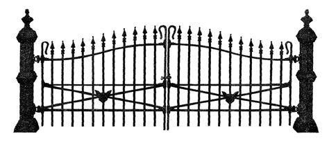 Antique Images: Free Antique Graphic for Halloween: Spooky Wrought Iron Fence Illustration with Black Cat Head Design Fence Illustration, Vintage Halloween Prints, Halloween Fence, Cemetery Gates, Wrought Iron Fence, Home Fencing, Wrought Iron Door, House Silhouette, Nostalgia Art