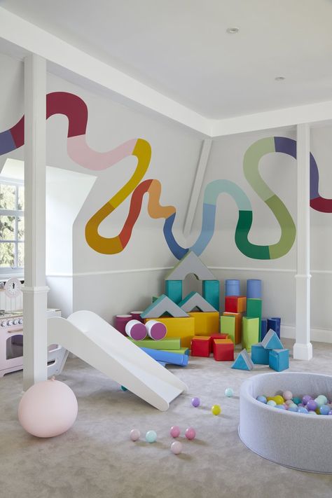 Rocking Bed, Playroom Mural, Indoor Playroom, Kindergarten Interior, Indoor Play Area, Daycare Design, Colorful Playroom, Kids Interior Design, Toddler Playroom