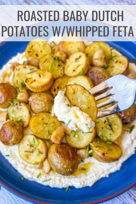 The perfect side dish for any seafood meal - crispy roasted potatoes and roasted garlic with herbs, served over a bed of creamy whipped feta. This one will keep everyone coming back for seconds. Pin it to your favorite recipe board today. Baby Dutch Yellow Potatoes, Meatless Food, Baby Potato Recipes, Crispy Roasted Potatoes, Roasted Baby Potatoes, Dried Potatoes, Yellow Potatoes, Arm Exercises, Potato Recipes Side Dishes