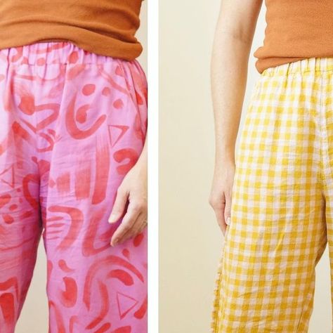 Meghan Grubb • she/her on Instagram: "Barry v Bob!  An investigative quest for the perfect balloon pant.  Similarities: With both pairs of pants, my measurements put me at a size 12, and I use the Fringe Association Elastic Waistband Tutorial (if you google that five word phrase, it pops right up).  Differences:  Bob pants (yellow gingham in this photo set): After some trial and error I sized these #bobpants down two sizes, to a size 8.  I also changed the side pocket construction to opt for a pocket bag that anchors to the top of the pants.  For tips on this pocket mod, see @sewinglikemad -- she has a tutorial on her blog.  While the Bobs fit well after sizing down, it feels like there is extra fabric in the rear (I think mostly due to the higher rise, see pattern piece photo).  This resu Bob Pants Pattern, Pocket Bag Pattern, Elastic Waistband Tutorial, Bob Pants, Waistband Tutorial, Yellow Gingham, Balloon Pants, Pants Sewing Pattern, Trial And Error