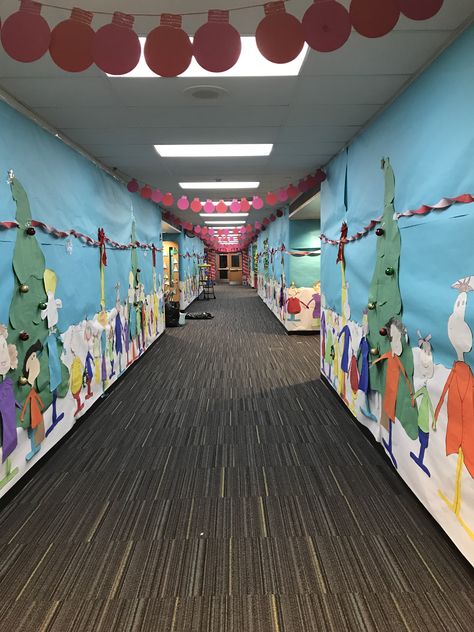 Classroom Whoville Decorations, Grinch Hallway Decorations School Theme, Whoville Christmas School Hallway, Decorate School Hallways For Christmas, Christmas Themed School Hallways, Christmas Hallway Decorations School Whoville, Whoville School Decorations, Whoville Stage Design, Holiday Hallway Decorations