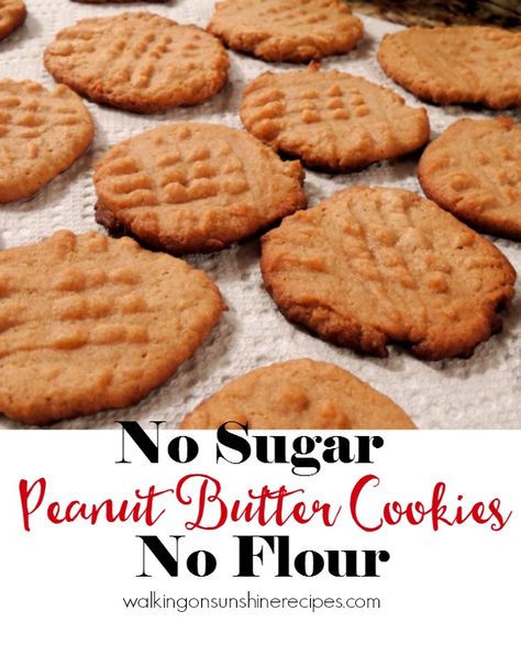 Sugarless and Flourless Peanut Butter Cookies from Walking on Sunshine Recipes. Sugar Busters Recipes, No Sugar Peanut Butter Cookies, Sugar Free Peanut Butter Cookies, Sugar Busters, Flourless Peanut Butter Cookies, Sugar Free Peanut Butter, Sugar Free Cookies, Walking On Sunshine, Sugar Free Desserts