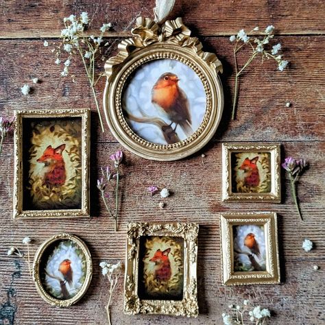 Throw back to my little secret garden robin prints. I loved printing tiny versions of my art to put into antique style mini frames. If I were to make a sheet that had multiple miniature sizes of my robin or fox print, so you can pop them in your own miniature picture frames, would you be interested? #vintageaesthetic #miniprints #miniatureart #robin #robinart #secretgarden #fyp Cottagecore Picture Frame, Cottagecore Frame, Miniature Picture Frames, Cottagecore Pictures, Cottage Inspiration, Cottagecore Decor, Fall Wall Art, Throw Back, Mini Frames