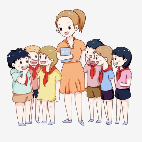 teacher,a group of primary school students,red scarf,school clipart,teacher clipart,children clipart Teacher Drawing Cartoon, Teacher And Student Drawing, Teacher Drawing, Teachers Day Drawing, Student Clipart, Teacher Images, Teacher Cartoon, Hand Clipart, Teacher And Student