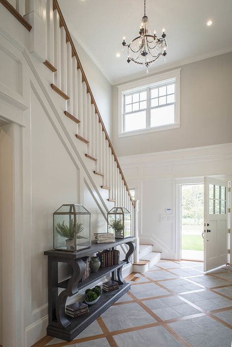 Two-story entryway 2 Story Foyer Ideas Entryway, Open Foyer Ideas Entryway, 2 Story Entryway, Two Story Entryway, Entryway Wallpaper, Foyer Ideas Entryway, Entryway Stairs, Open Foyer, Barn House Interior