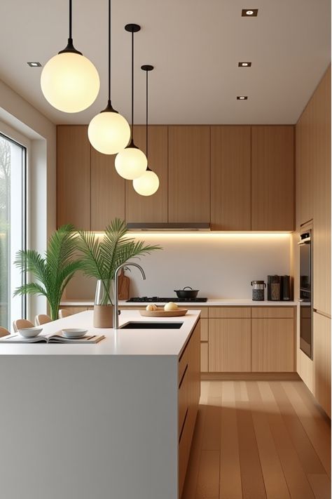 Serene Scandinavian kitchen with simple pendant lights Scandinavian Modern Lighting, Kitchen Design Scandinavian Style, Kitchen Design Scandinavian, Kitchen Cabinets Black And White, Contemporary Scandinavian Interior, Kitchen Ideas Scandinavian, Contemporary Kitchen Lighting, White Modern Kitchen Ideas, Modern Scandinavian Kitchen