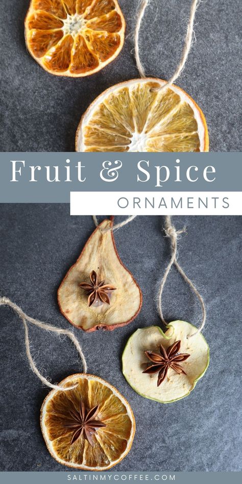 Handmade Dried fruit ornaments lend a wonderful natural look to rustic Christmas decor. They’re simple, frugal, and fun to make! Follow the simple steps to make these easy nature ornaments from apples, oranges, clementines or pears. Star anise is a classic spice to use, but whole cloves and allspice work well too! If properly dried, these natural Christmas decorations will last all through the holiday season without spoiling, fading, or losing their shape. #rusticchristmas #farmhousechristmas Crafts With Star Anise, Apple Christmas Ornaments, Fruit Ornaments Christmas Tree, Star Anise Christmas Decoration, Homemade Yule Ornaments, Star Anise Crafts, Dried Fruit Ornaments, Homemade Tree Ornaments, Pear Ornaments