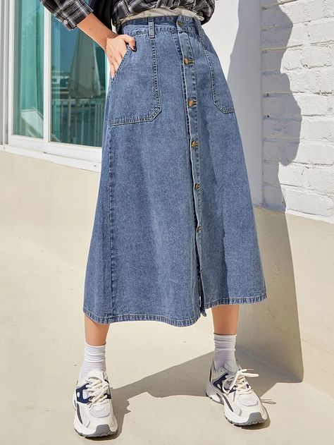 Denim Skirt And Sneakers Outfit, Shein Denim Skirt, Button Skirt Outfit, Long Denim Skirt Outfit Summer, Trendy Full-length Cotton Denim Skirt, Skirt With Tshirt, Casual Button-up Denim Blue Denim Skirt, Skirt Pic, Cheap Button-up Denim Skirt With Pockets