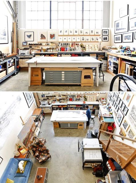 Home Art Studios, Photography Studio Spaces, Design Desks, Artist's Loft, Art Studio Space, Art Studio Organization, Art Studio Room, Art Studio Design, Workshop Studio