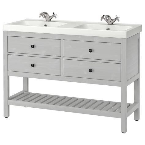 HEMNES / ODENSVIK Open wash-stand with 4 drawers, gray/Runskär faucet, 483/8x191/4x321/4" 48 Inch Double Sink Vanity, Small Double Sink Vanity, Small Full Bathroom, Vanity With Sink, Small Vanity, Wash Stand, Ikea Hemnes, Ikea Home, Ikea Cabinets