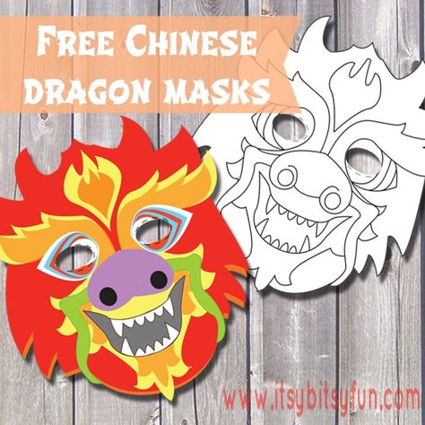 Free Printable Chinese Dragon Mask Template (one pre-colored and one to color) - Itsy Bitsy Fun Dragon Mask Template, Chinese Dragon Mask, Dragon Masks, News Years Crafts For Kids, Chinese New Year Crafts For Kids, Chinese New Year Activities, Paper Masks, Chinese New Year Dragon, Dragon Mask