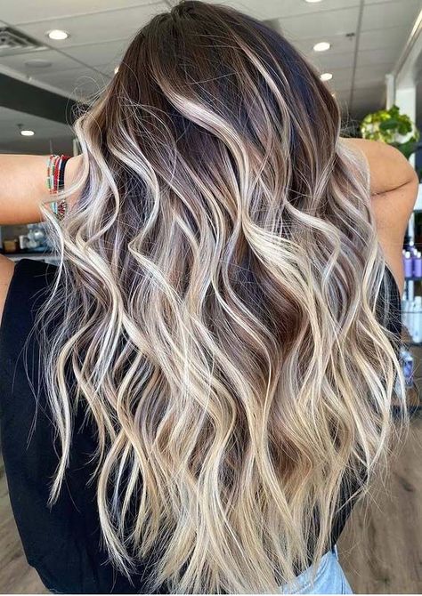 Hair Color Ideas Brown To Blonde, Dark Hair On Blondes, Blonde Ribbon Highlights On Dark Hair, Blonde And Dark Balayage, Dark Brown Hair And Blonde Highlights, Dark To Blonde Balayage Long, Dark Hair Color With Blonde Highlights, Dark Hair To Blonde Highlights, Heavy Brown Lowlights In Blonde Hair