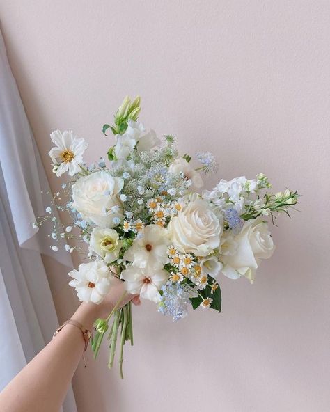 Dainty Floral Bouquet, Daisy And Blue Flower Bouquet, Bridesmaid Bouquet As Table Centerpiece, Inexpensive Wedding Bouquet, White Wild Flowers Bouquet, Bridesmaid Floral Bouquet, Italian Inspired Wedding Flowers, White Florals With Pops Of Color, Light Blue Floral Arrangements