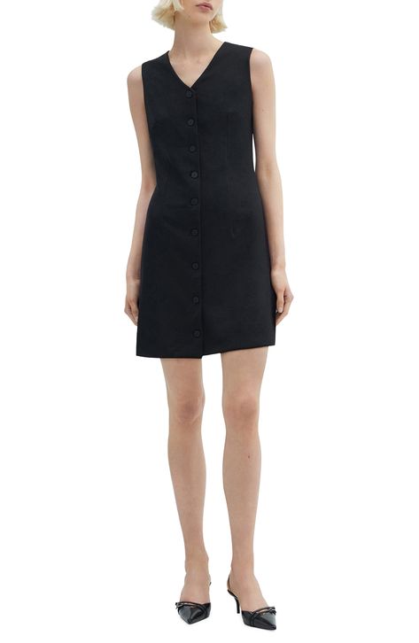 Sharpen up your desk-to-dinner look in this sleeveless minidress fashioned with tonal buttons for smart dimension. Front button closure V-neck Sleeveless Unlined 94% polyester, 6% elastane Machine wash, line dry Imported Button Up Black Dress, Nordstrom Store, Shirtdress, Black Fits, Mango, Button Up, Black Dress, Nordstrom, Desk