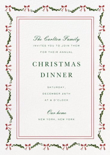 Customize 'Greenery and Bows (Riley Sheehey)' Christmas Party Invitation online and send via email, text message, or a shareable link. Instantly track deliveries and opens, and message recipients. White Christmas Party Invitations, Bow Christmas Party, Christmas Dinner Invite, Christmas Themed Engagement Party, Company Holiday Party Ideas, Mimosa Christmas, Cozy Christmas Party, Christmas Menu Design, Winter Engagement Party