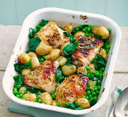 This self-saucing one-pot is like a roast dinner without the fuss, plus it's rich in iron, fibre and folate Sticky Chicken Thighs, Honey Mustard Chicken Thighs, Mustard Chicken Thighs, Pastas Recipes, Sticky Chicken, Honey Mustard Chicken, Mustard Chicken, Bbc Good Food, Roast Dinner