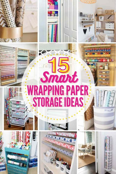 15 BEST WRAPPING PAPER STORAGE IDEAS! Love gift giving but can't stand the gift wrap clutter? Here are 15 AWESOME wrapping paper storage solutions and organizing ideas that will help! #wrappingpaperstorageideas #giftwrapstorage #storagesolutions #storageideas #organizing Diy Wrapping Station, Wrapping Paper Storage Ideas, Diy Wrapping Paper Storage, Paper Storage Ideas, Wrapping Paper Station, Tissue Paper Storage, Wrapping Paper Holder, Gift Bag Organization, Gift Bag Storage