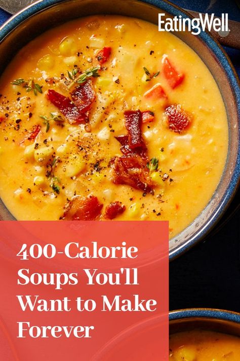 Low Calorie Chowder, Eating Well Soup Recipes, Healthy Creamy Soups, High Calorie Soup Recipes, Nutritional Soup Recipes, Low Calorie Creamy Soup, Low Calorie Crock Pot Soup, Low Calorie Lasagna Soup, High Calorie Soups