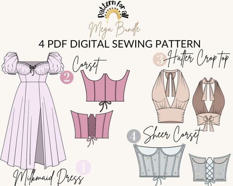 Cute Clothes Patterns Free Sewing, Digital Sewing Patterns, Fairycore Sewing Pattern, Diy Clothes Design Sewing Patterns, Chest Binder Sewing Pattern, How To Sew A Top For Beginners, Sewing Beginners Projects, Diy Dress Ideas, Sewing Pattern Corset