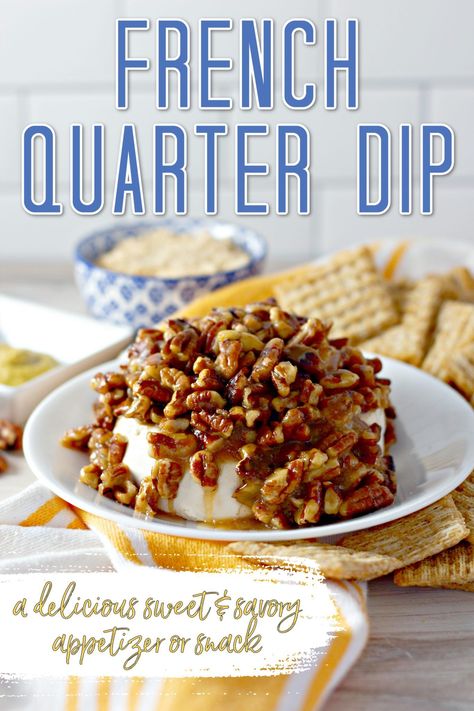 Pecan and Cream Cheese French Quarter Dip is a delicious sweet and savory spread to serve with crackers. Savory cream cheese with a hint of garlic and onion flavor topped with sweet glazed pecans is an incredibly flavorful snack or appetizer! #dip #appetizer #pecans #frenchquarterdip Maple Pecan Cream Cheese Dip, Warm Cheese And Spicy Pecan Dip, Pecan And Cream Cheese Dip, Honey Walnut Cream Cheese Spread, Cream Cheese Pecan Dip, Pecan Dip Cream Cheese, French Quarter Cheese Spread, Savory Dips For Parties, Cold Apps