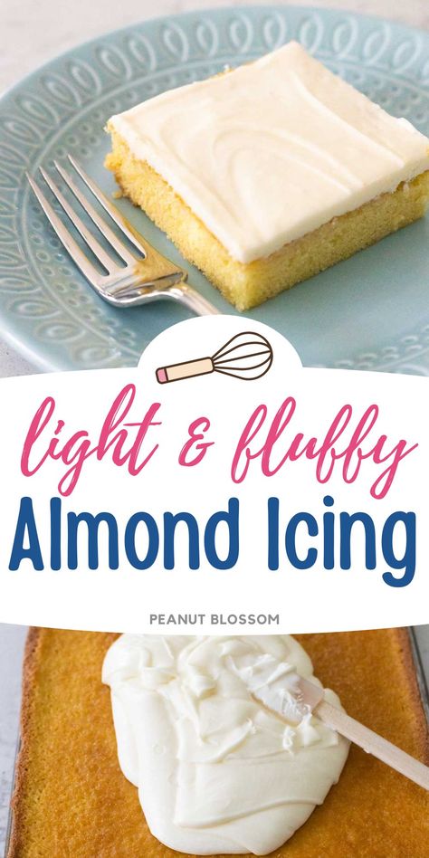 This easy almond icing takes just 5 minutes to make and is thick enough to spread onto a prepared sheet cake, bundt cake, or cupcakes. Parsley And Icing, Almond Cake Frosting Recipe, Almond Cream Cheese Frosting, Almond Glaze Icing, Almond Frosting For Cake, Almond Cake Frosting, Pound Cake Icing Recipe, Cake Glaze Icing, Almond Icing Recipe