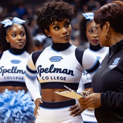 AI PROMPT SHARING | Used Bing for this image | Facebook Hbcu Aesthetic, College Hbcu, Black Cheerleaders, Basketball Game Outfit, Cute Highschool Outfits, Ballet Hairstyles, Spelman College, Woman Artwork, Cheer Athletics