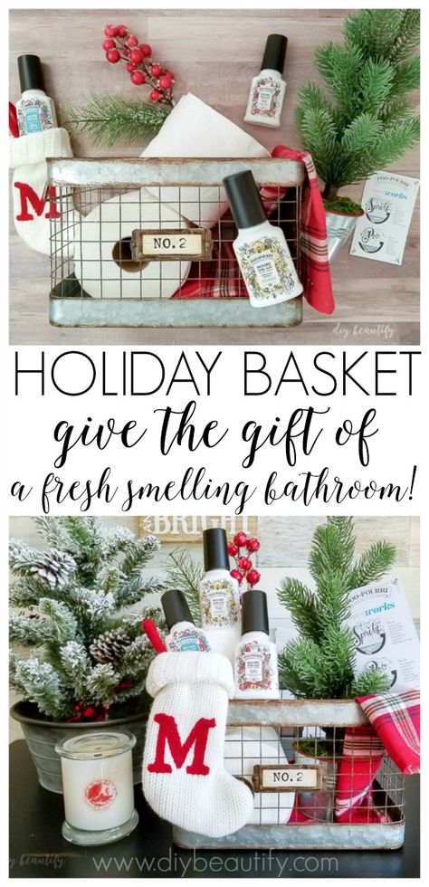 #ad #MerrySpritzmas Keep the stink out of your bathroom this holiday season with a festive guest basket filled with Poo~Pourri® products! Find out more at diybeautify! Bathroom Gift Ideas, Bathroom Gift Basket Ideas, Christmas Guest Bedroom, Winter Gift Basket, Guest Basket, Diy Holiday Party, Holiday Bathroom, Holiday Baskets, Bathroom Gifts