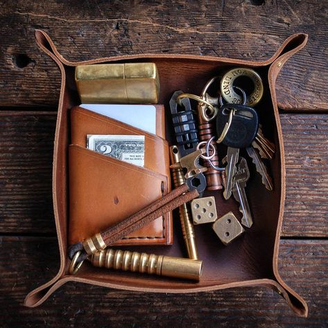 Leather Tray, Valet Tray, Hammered Brass, Tan Boots, Edc Gear, Survival Gear, Everyday Carry, Mountain Backpack, Rivets