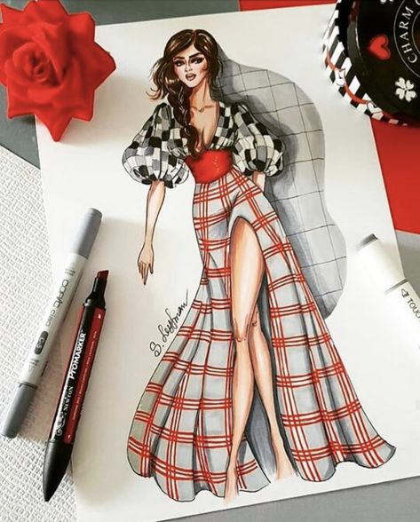 Checkered Outfit, Fashion Design Inspiration, Bandage Jumpsuits, Dress Illustration, Fashion Drawings, Dress Design Drawing, Fashion Illustration Sketches Dresses, Fashion Design Sketchbook, Fashion Design Collection