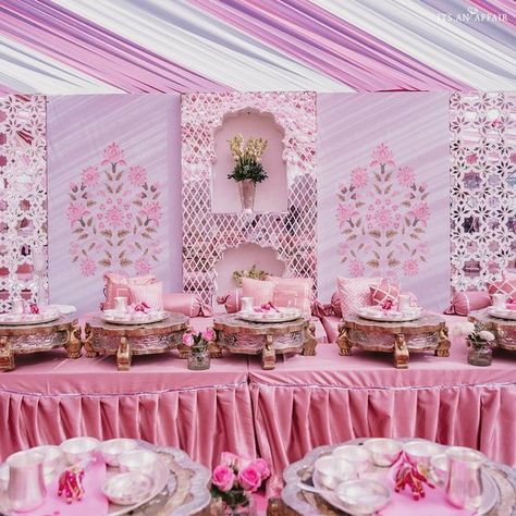 Pink Mehndi Decor, Pink Indian Wedding Decor, Sheesh Mahal, Nikah Decor, Mehendi Decor Ideas, Indoor Wedding Ceremonies, Ganpati Decoration Design, Desi Wedding Decor, Mandap Decor