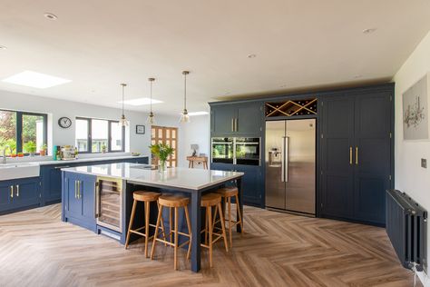 Canterbury Blue Kitchen — Herringbone Kitchen Herringbone, Kitchen Cabinet Dimensions, Blue Shaker Kitchen, French Country Kitchen Designs, Herringbone Kitchen, Navy Kitchen, Open Plan Kitchen Diner, Open Plan Kitchen Living, Decor Kitchen Ideas